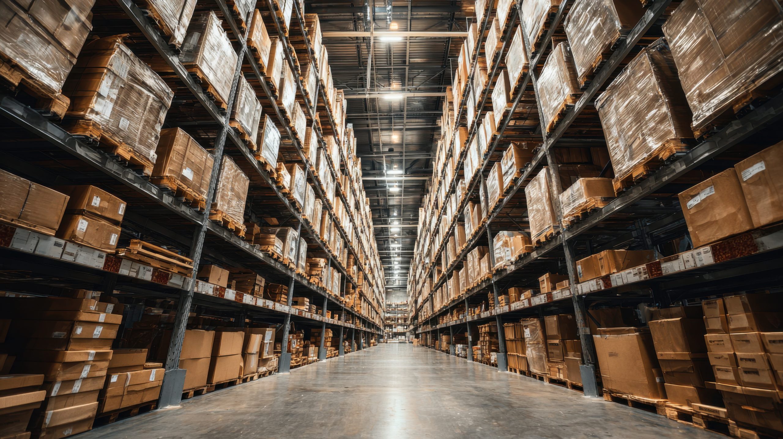 Ultra quality image of large warehouse storage facility with rows of shelves stacked high with brown cardboard boxes, ready for shipment and distribution, showing the logistics.
